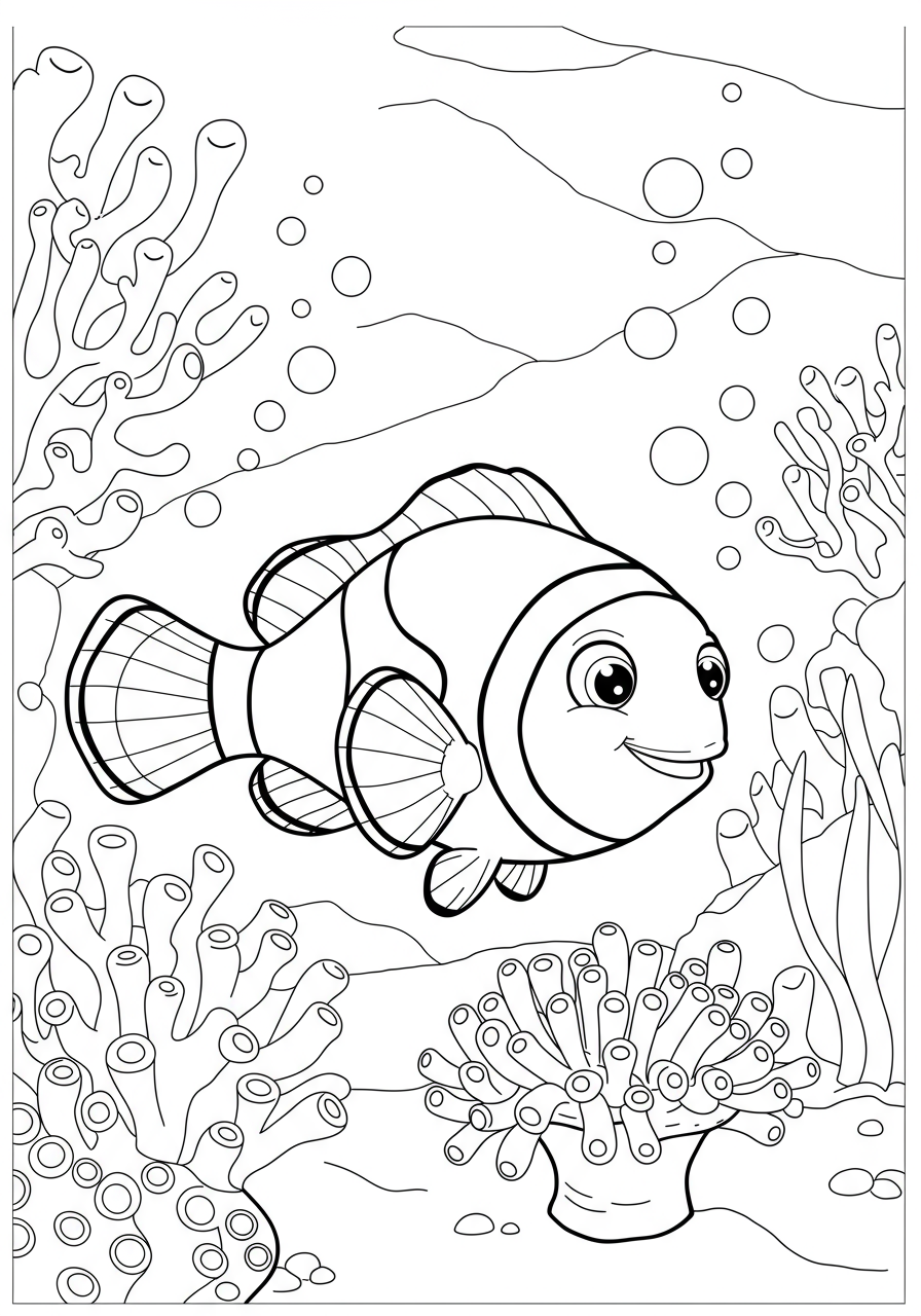Free printable coloring page featuring a happy clownfish swimming in a vibrant coral reef with an anemone for kids.