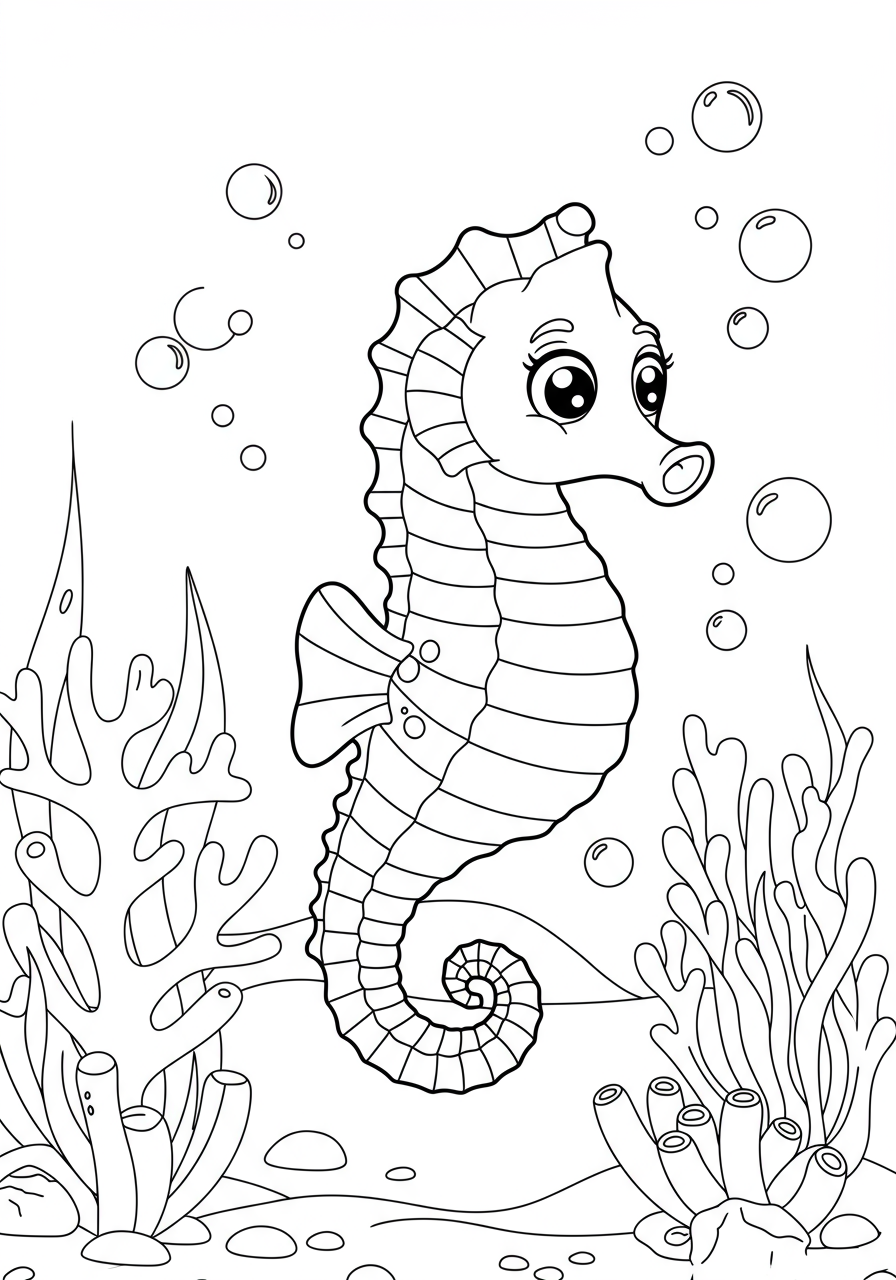 A free printable coloring page featuring a cheerful seahorse swimming happily among various types of flowing seaweed in an underwater garden scene.