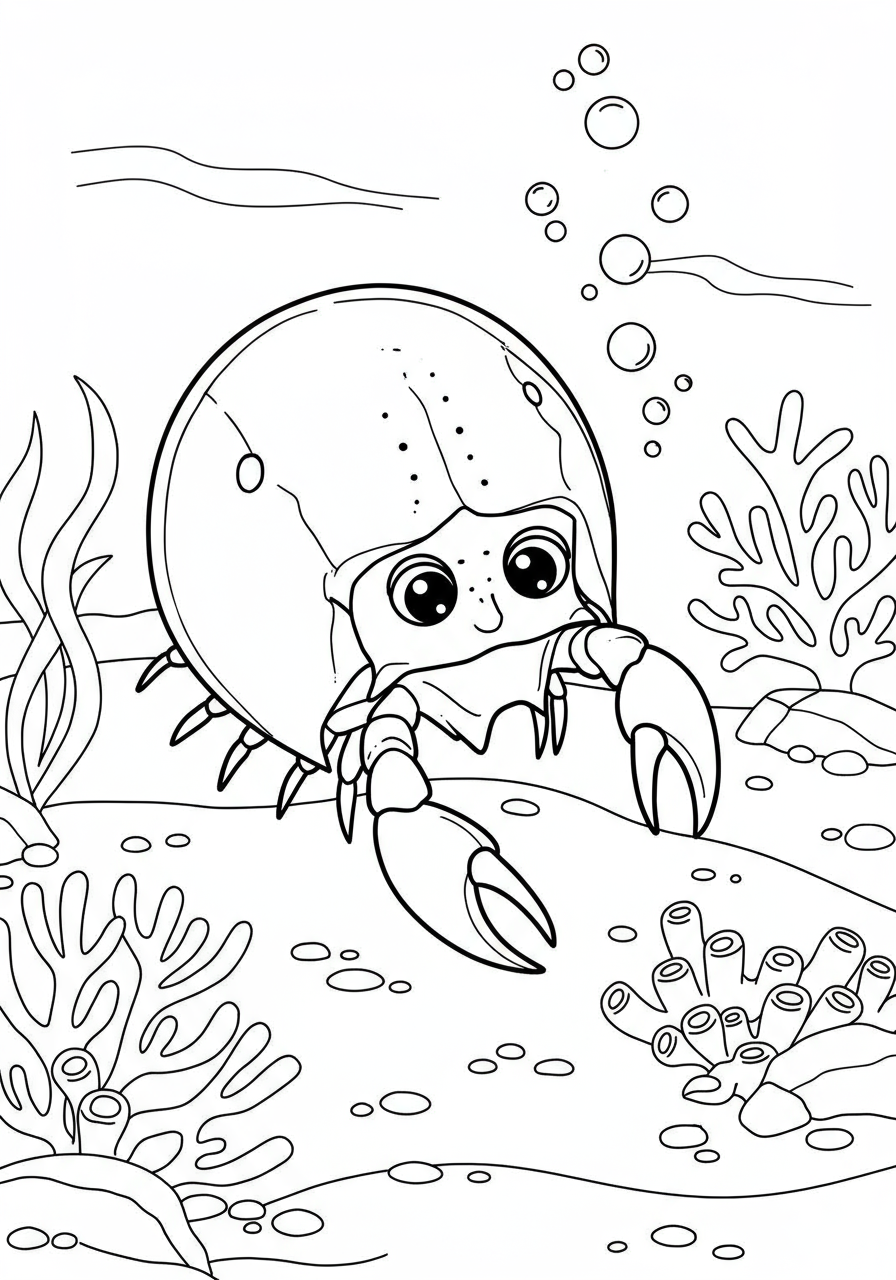 Free printable horseshoe crab ancient creature coloring page for kids. Features a simple outline of a horseshoe crab on a seabed with bubbles.