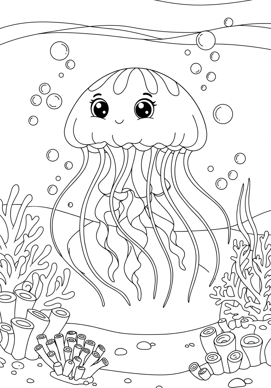 An easy free printable coloring page featuring peaceful, glowing jellyfish swimming in a calm underwater ocean scene, suitable for kids.