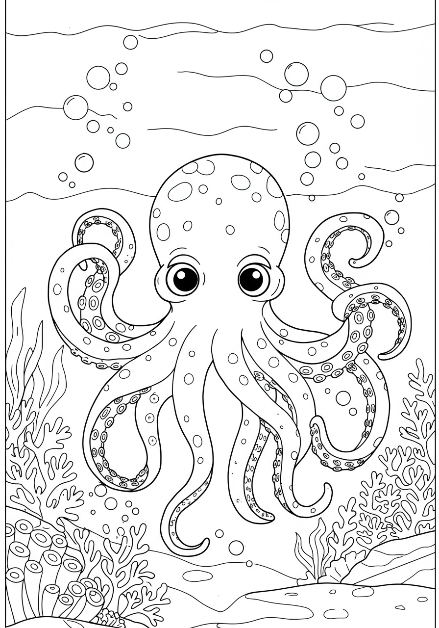 Free printable coloring page featuring a mythical Kraken emerging from the deep ocean with swirling tentacles and bubbles, designed for kids.