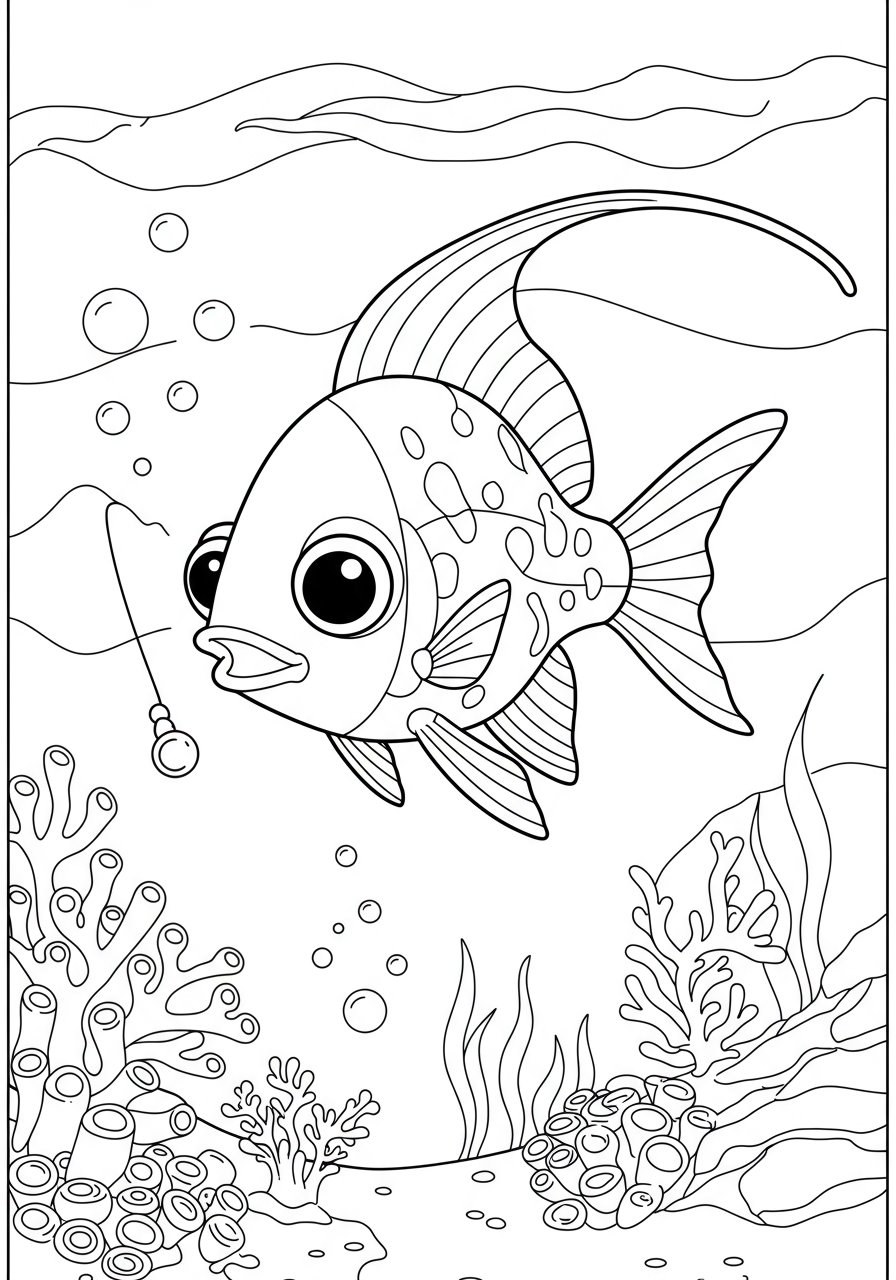 Free printable Lanternfish deep sea glow coloring page for kids, showing a bioluminescent fish with a glowing lure and large eye in a dark ocean environment.