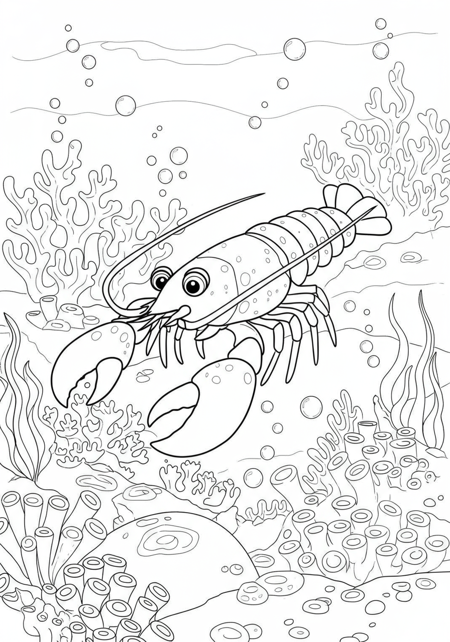 Free printable coloring page featuring a lobster with large claws scuttling across a detailed coral reef with seaweed and bubbles in the ocean, perfect for kids.