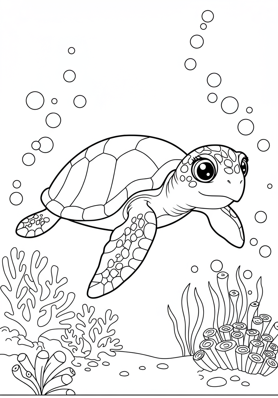 Free printable coloring page featuring a majestic sea turtle gracefully swimming above a vibrant coral reef, perfect for kids.