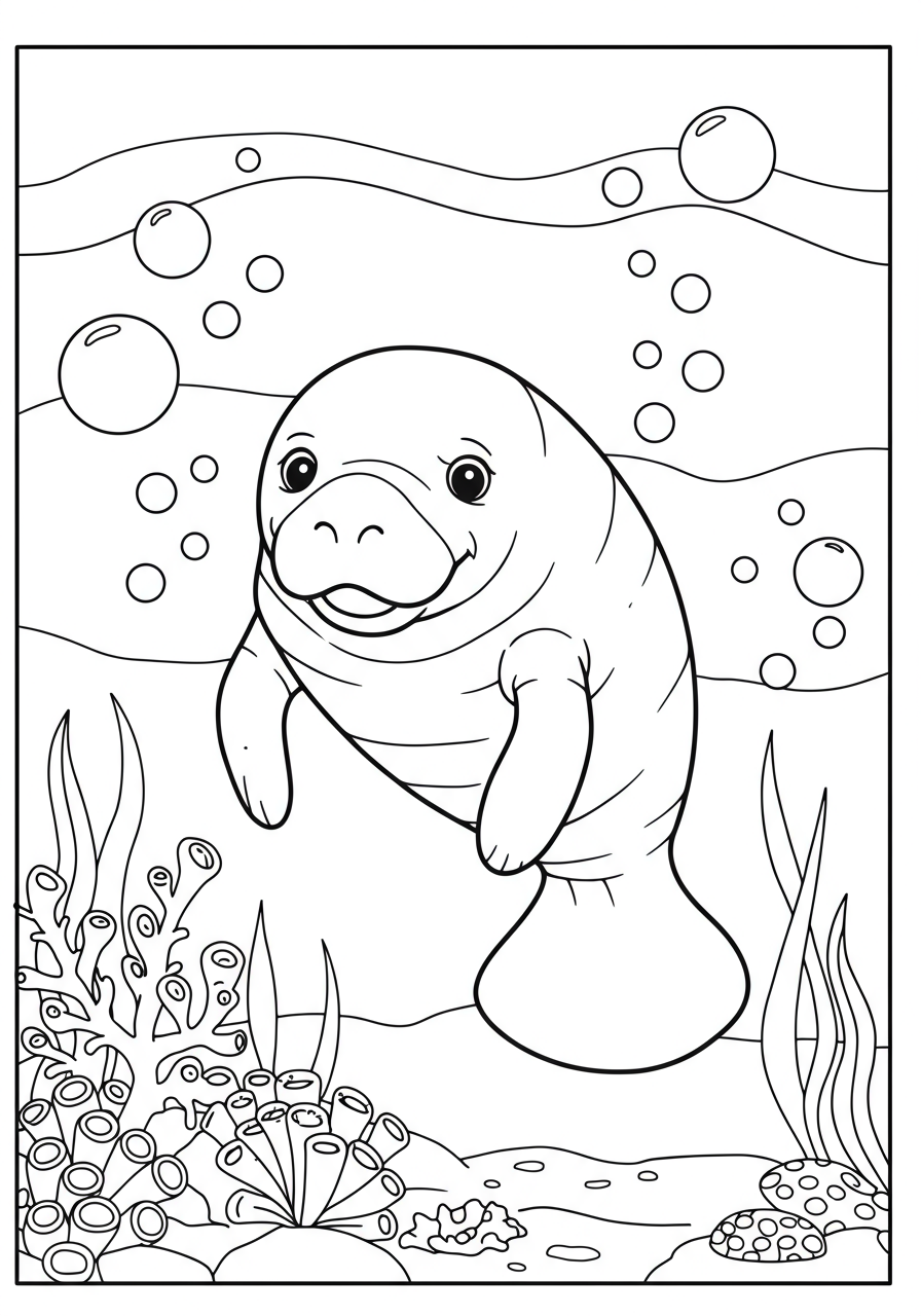 A free printable coloring page featuring a happy, gentle manatee swimming peacefully among some simple seagrass and bubbles, suitable for kids.