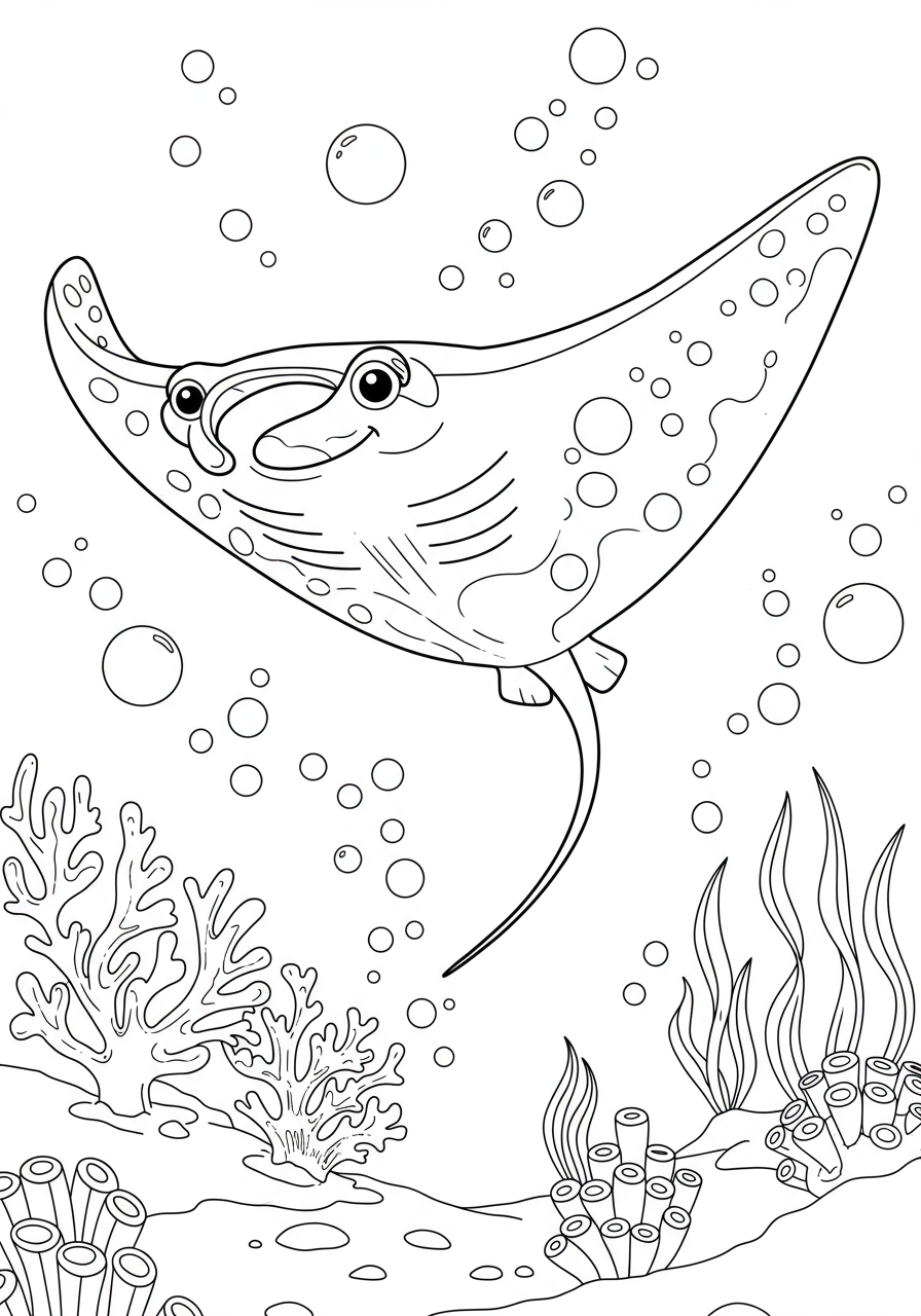 Free printable coloring page featuring a graceful manta ray gliding through the ocean, perfect for kids.