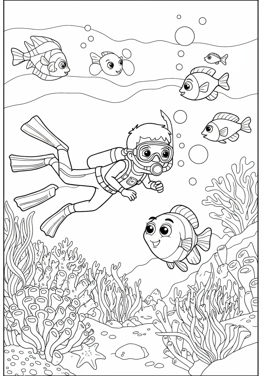 Free printable coloring page depicting a marine biologist in scuba gear observing a vibrant coral reef teeming with colorful fish and marine plants.