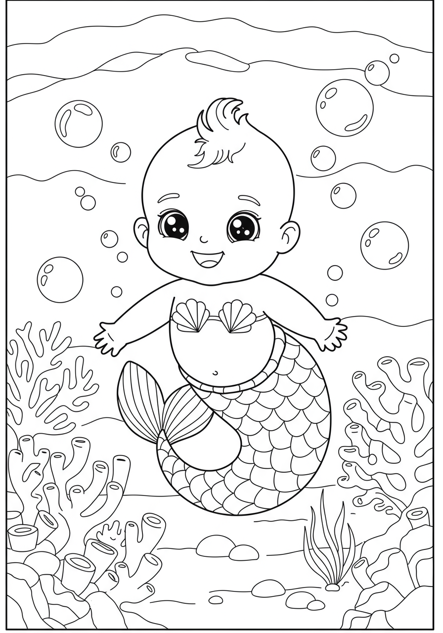 A free printable coloring page featuring a happy merbaby with a swishy tail playing with many floating bubbles under the sea, ready for kids to color.
