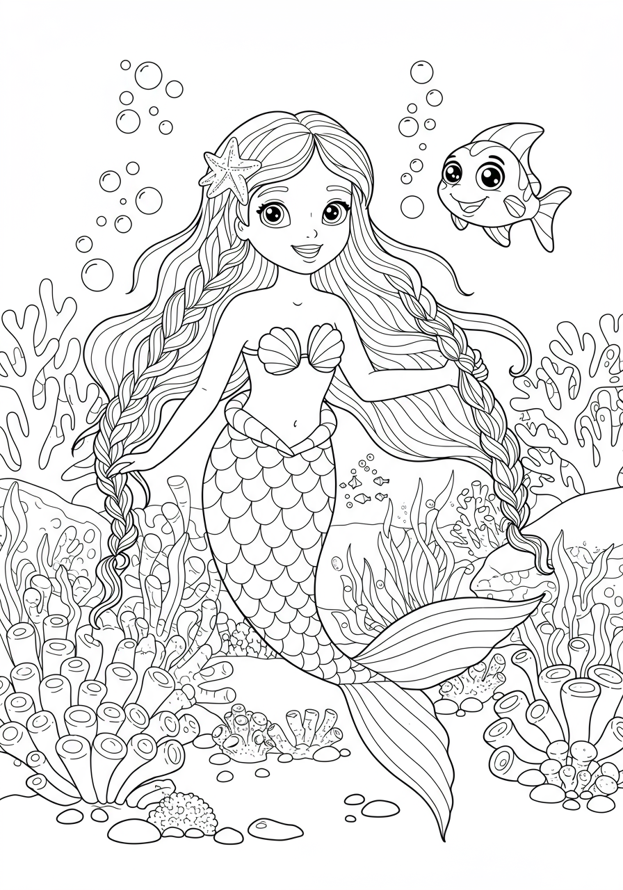 Free printable coloring page featuring a happy mermaid braiding her long, flowing seaweed hair amidst a vibrant coral reef.