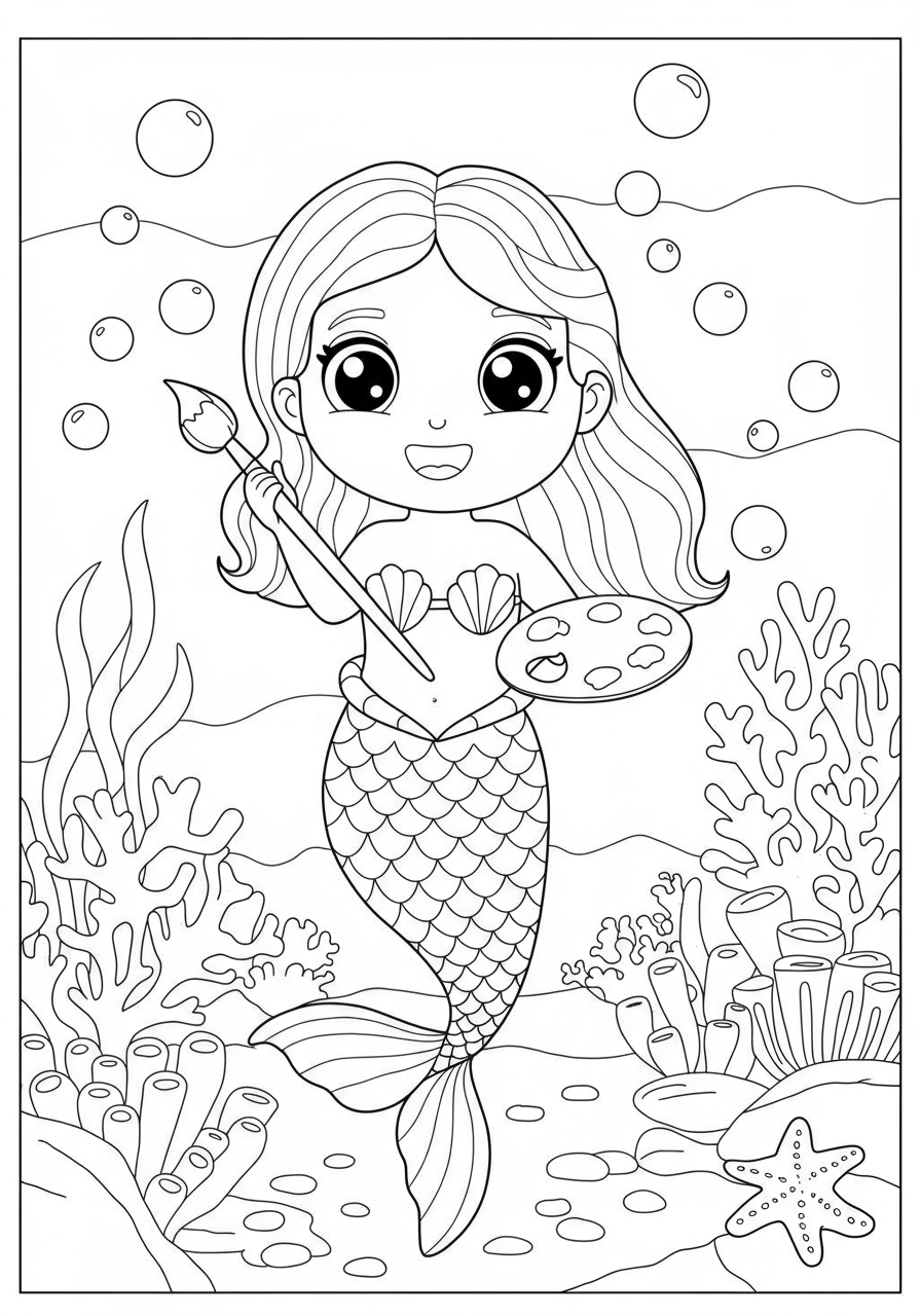 A free printable coloring page depicting a cheerful mermaid holding a paintbrush and palette, happily painting vibrant coral formations under the sea.