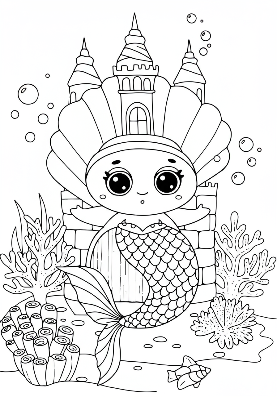 A free printable coloring page featuring a whimsical mermaid swimming gracefully near a magnificent shell castle, surrounded by friendly sea creatures and vibrant coral, perfect for kids.
