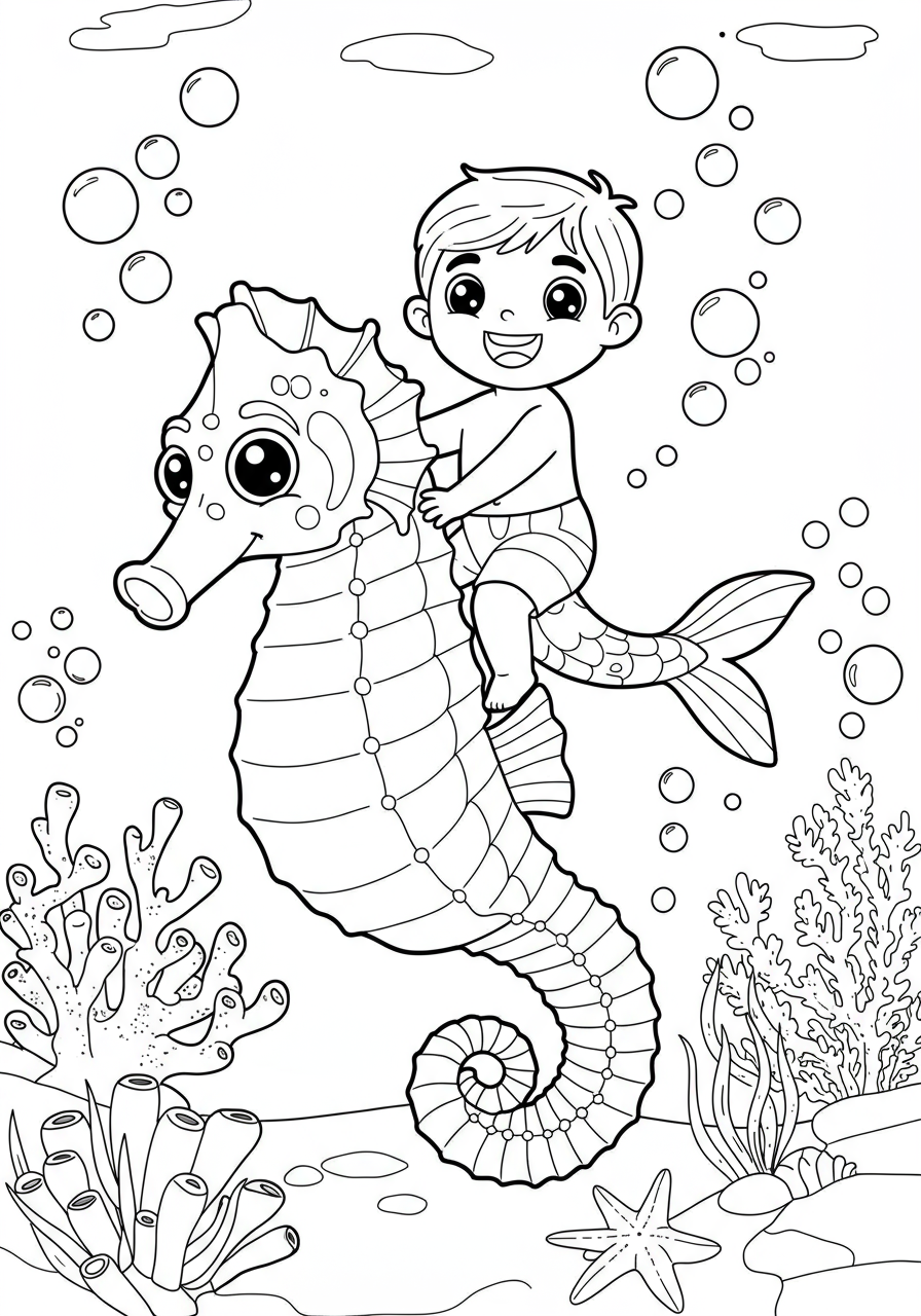 Free printable coloring page featuring a happy merman riding on the back of a majestic seahorse under the sea, surrounded by bubbles and coral.