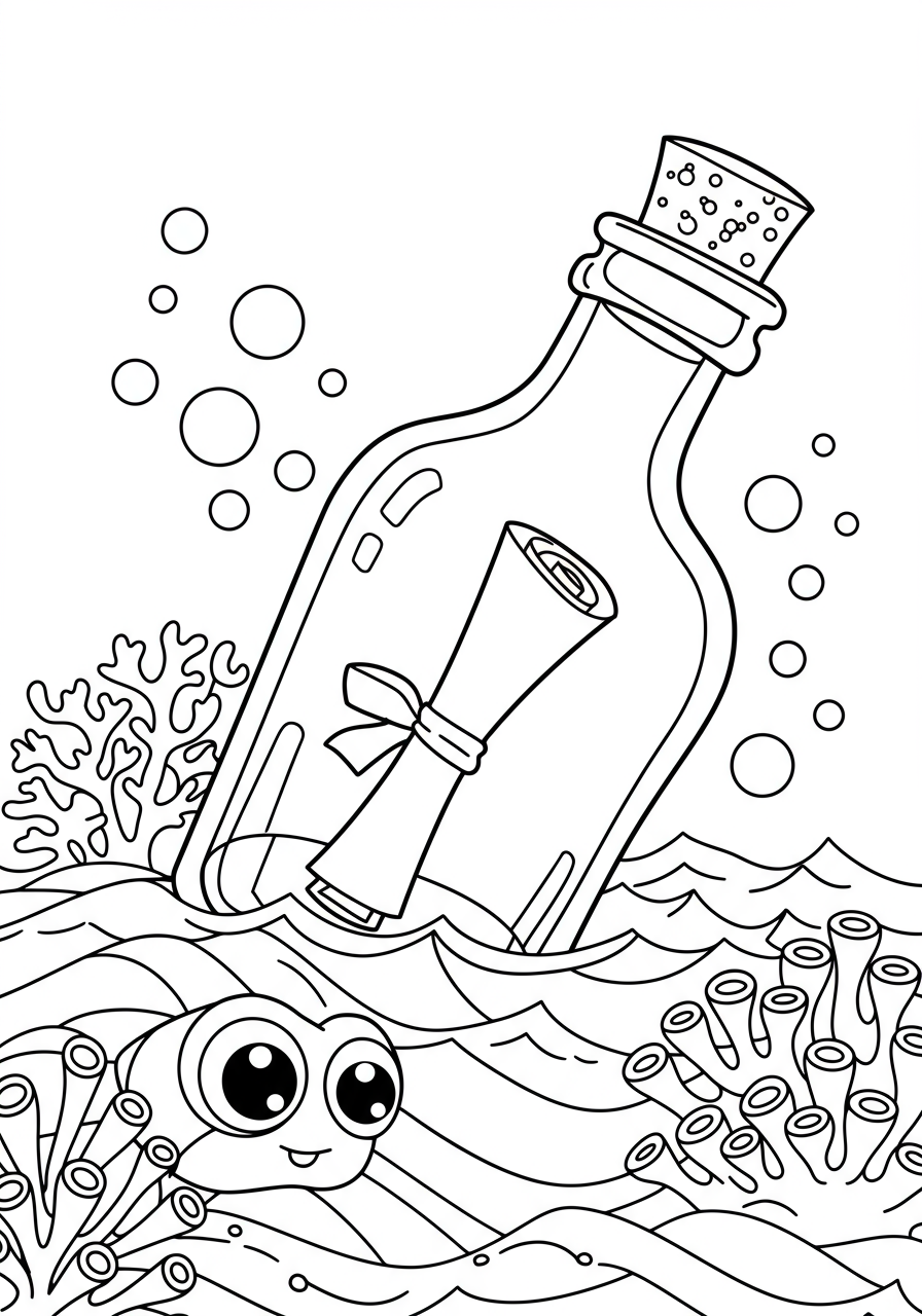 Free printable Message in a Bottle coloring page showing a clear glass bottle floating in ocean waves with a rolled-up message inside, perfect for kids.