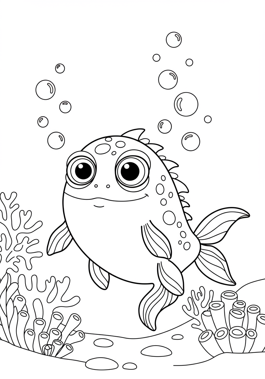 Free printable Mysterious Deep Sea Creature coloring page for kids to print and color, featuring a friendly, large-eyed creature surrounded by bubbles.