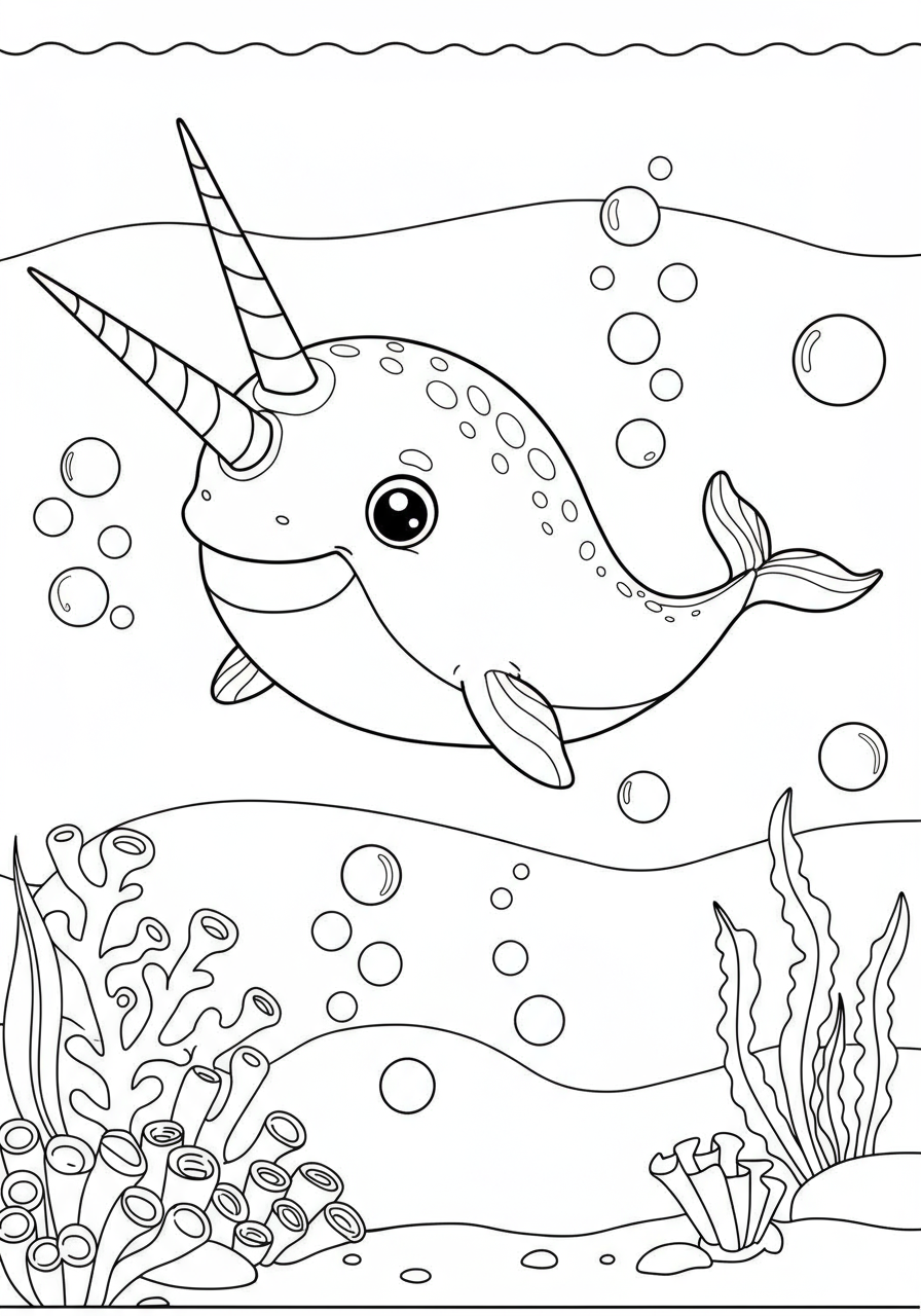 Free printable Narwhal unicorn of the ocean coloring page for kids, easy difficulty, featuring a friendly narwhal with its tusk swimming in bubbles and simple ocean plants.