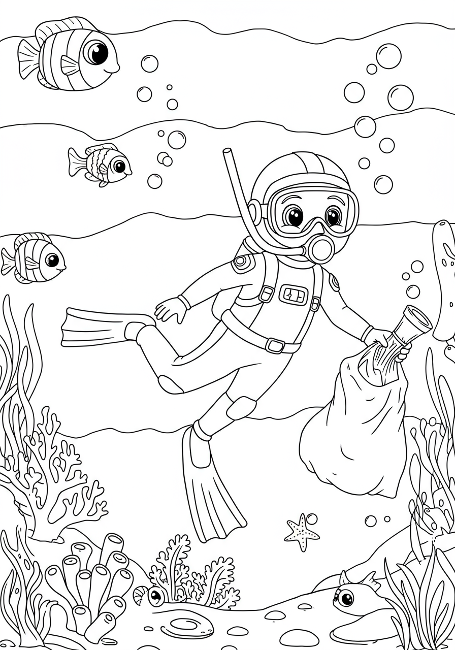 Free printable coloring page featuring a friendly ocean cleanup effort diver in full gear, collecting trash from the seabed, surrounded by simple coral and fish, perfect for young environmentalists.
