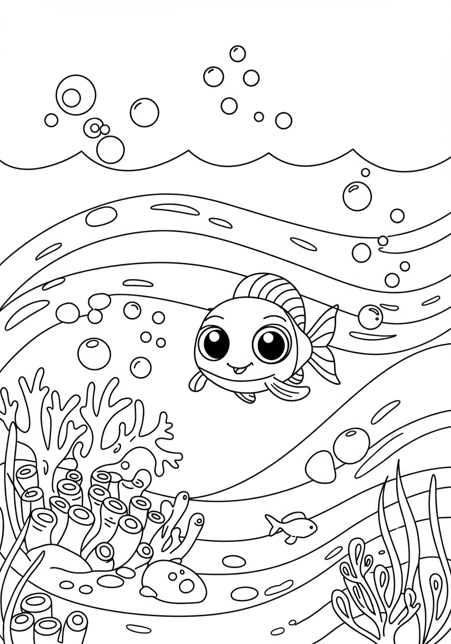 A free printable coloring page depicting gentle ocean currents flowing, with a few small fish and bubbles.
