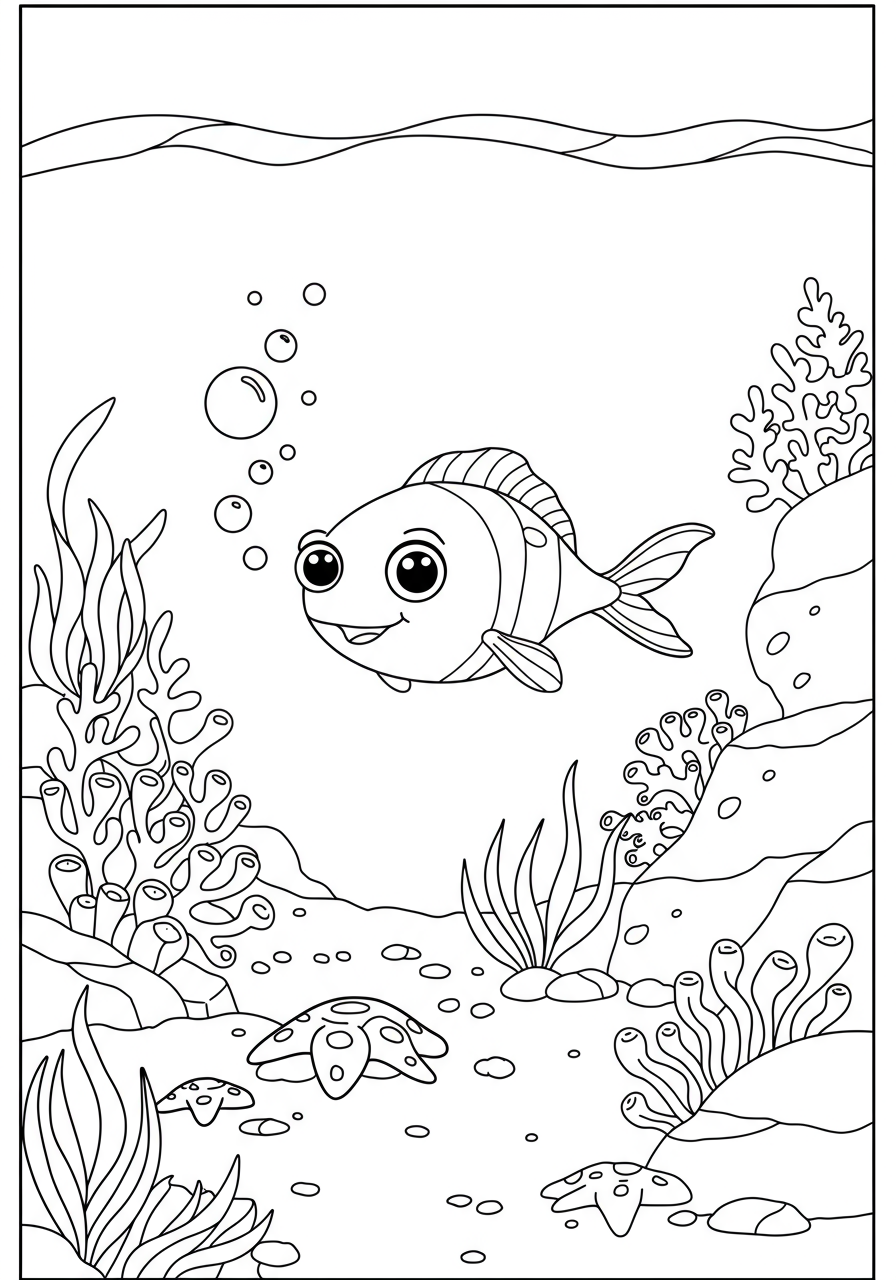 Free printable coloring page featuring an easy-to-color ocean floor rocky terrain scene, perfect for kids to explore underwater landscapes.
