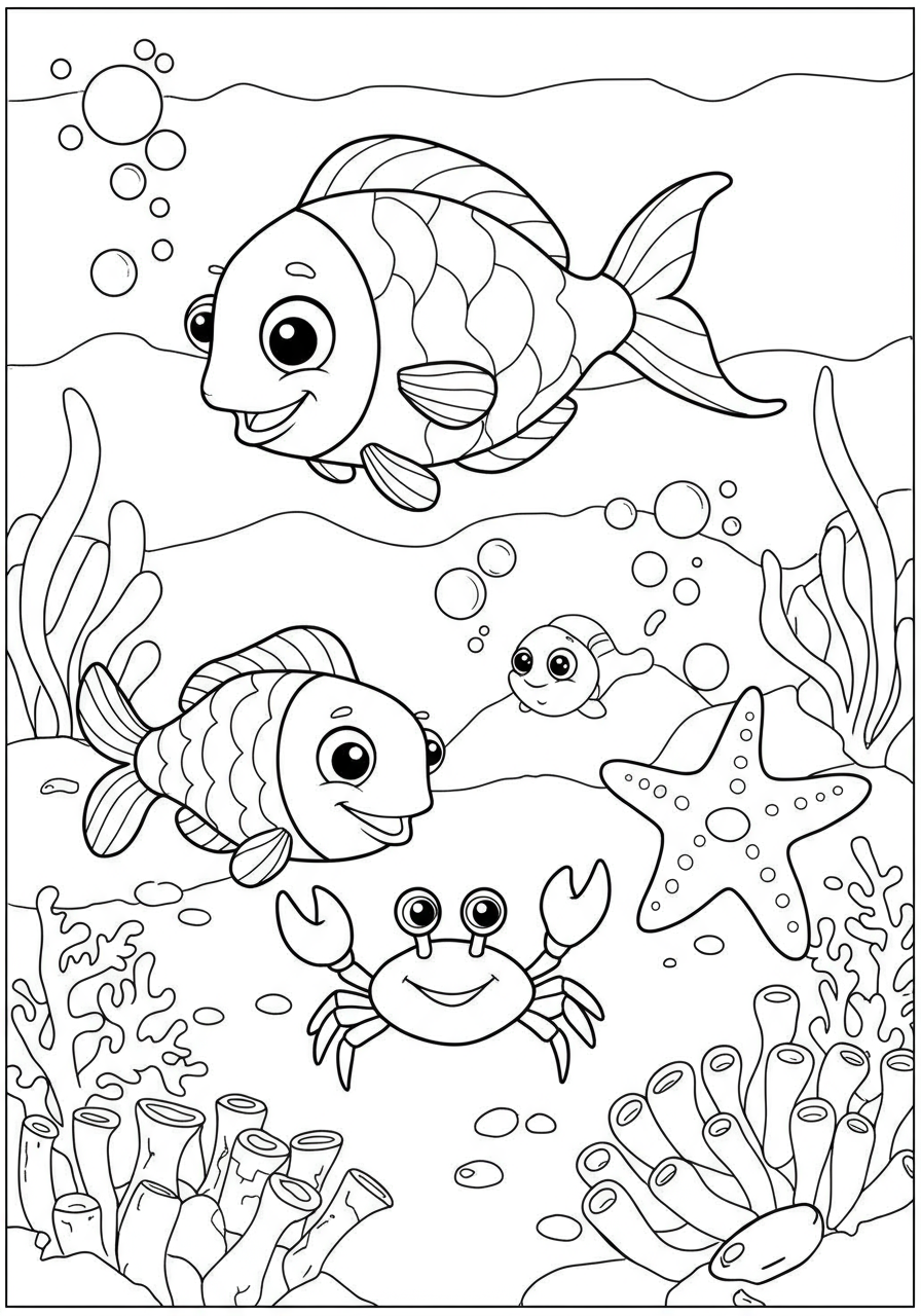 A free printable coloring page showing various happy ocean friends like fish, a crab, and a starfish gathering together in an underwater scene, easy difficulty for kids.