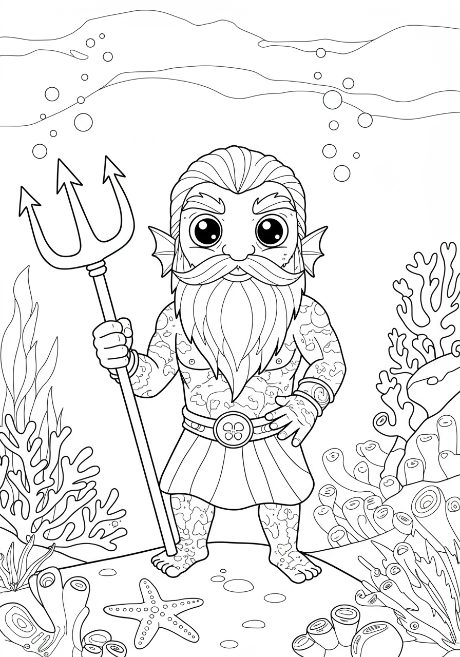 Free printable coloring page featuring a friendly ocean god holding a powerful trident, with simple underwater elements, perfect for kids.