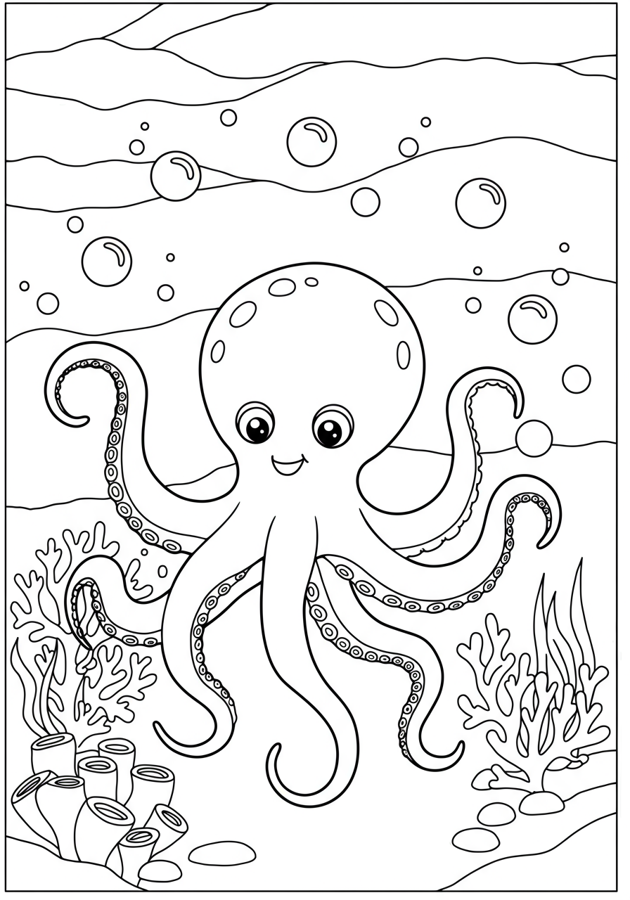 An adorable free printable octopus juggling shiny pearls coloring page, featuring a happy octopus with eight arms balancing luminous pearls underwater, perfect for kids.