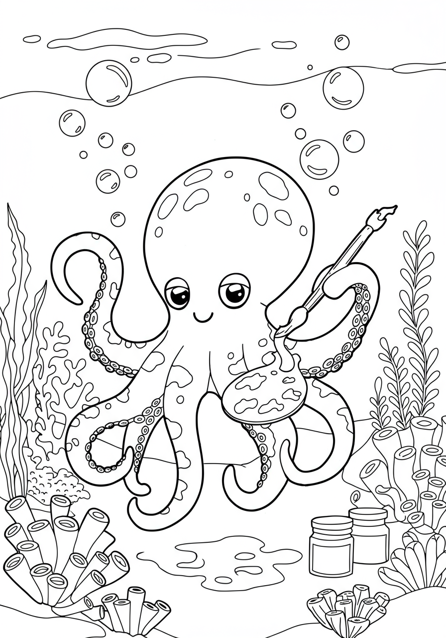 Free printable coloring page showing a friendly octopus painting a picture with its ink, surrounded by underwater plants and bubbles, perfect for kids.