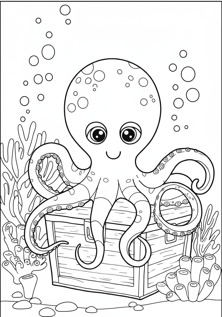 Octopus Treasure Chest coloring page for kids