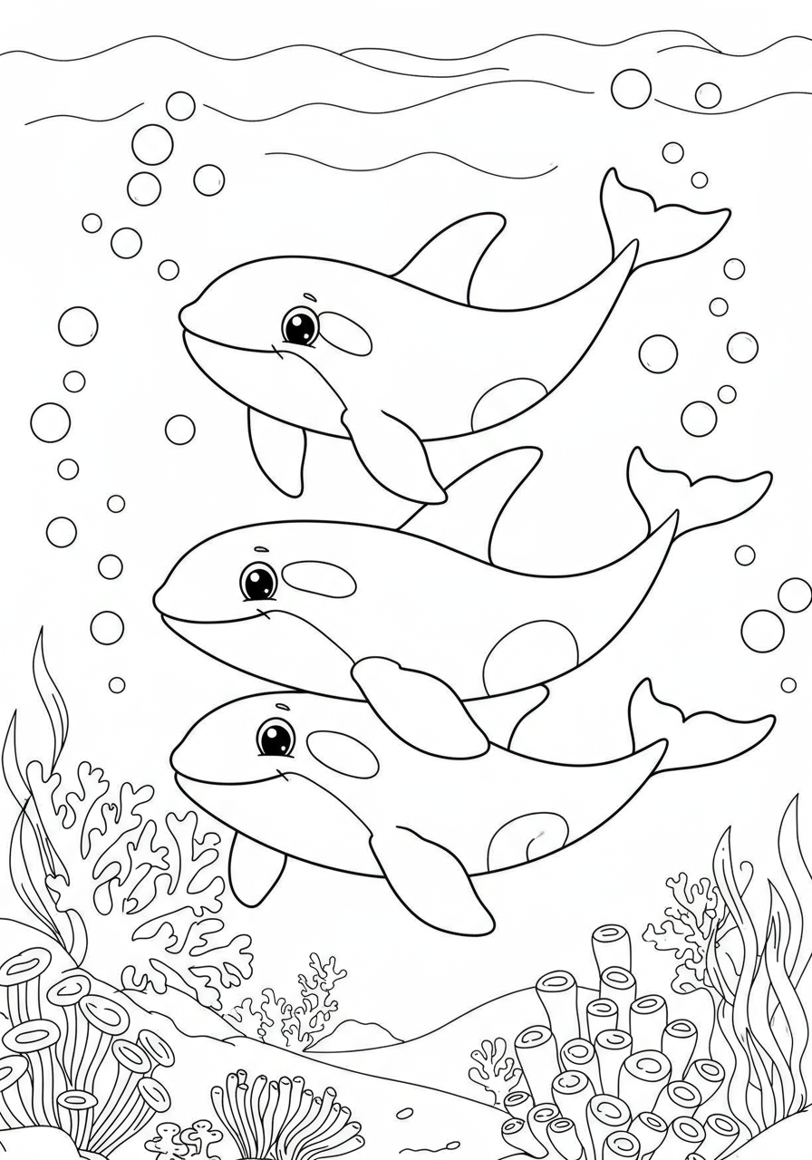 Free printable coloring page featuring a pod of orcas swimming gracefully together in the ocean, perfect for kids.