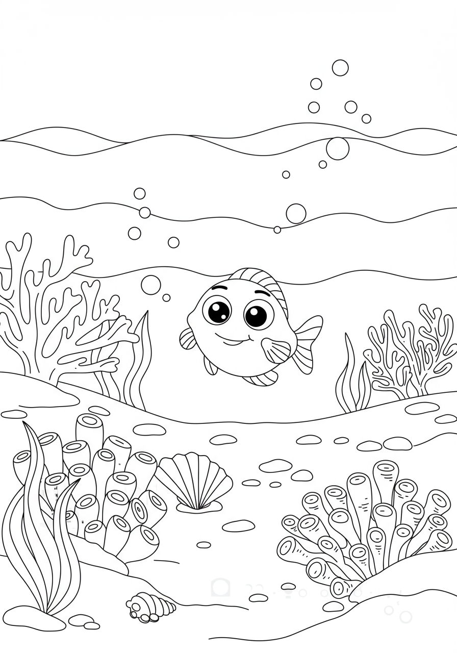 An illustration of a serene and peaceful ocean floor scene, featuring gentle coral, small friendly fish, and seaweed, perfect for a free printable coloring page for children.