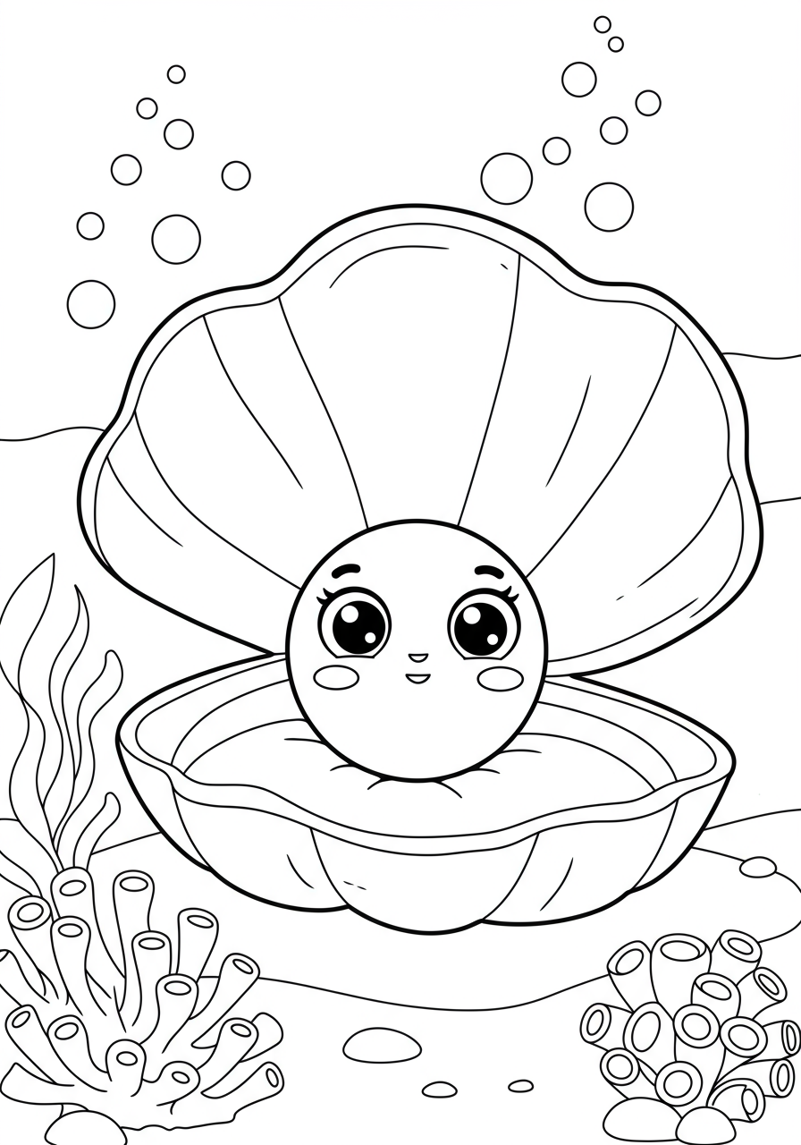 Free printable coloring page featuring a simple illustration of a pearl nestled inside a giant clam, perfect for kids' underwater adventures.