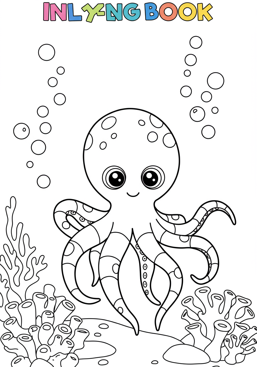 Free printable coloring page featuring a playful octopus playfully releasing an ink cloud under the sea, with bubbles and simple ocean background. Perfect for kids.