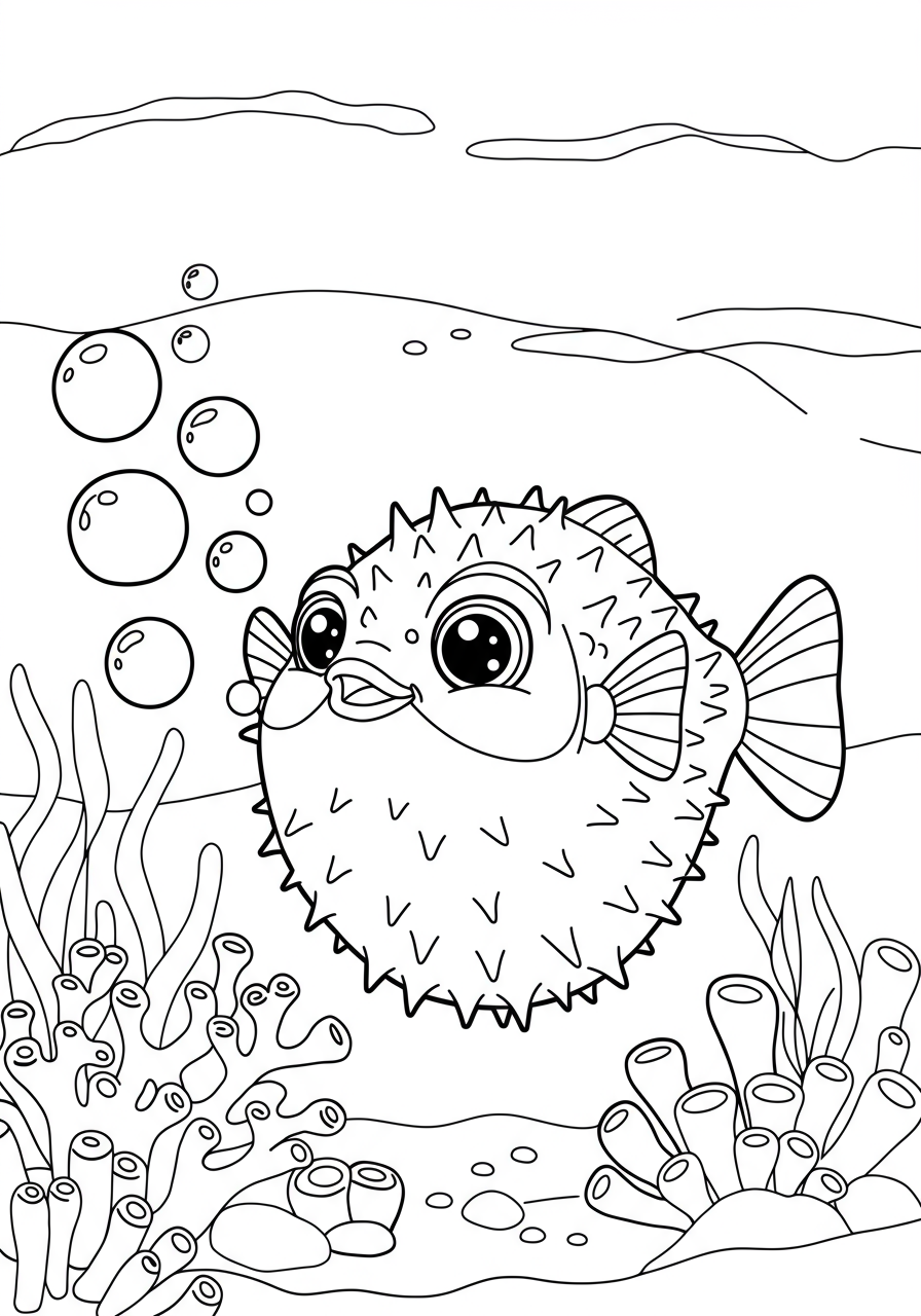 An easy free printable coloring page featuring a cute pufferfish with big eyes, happily blowing many round bubbles under the sea, perfect for young children.