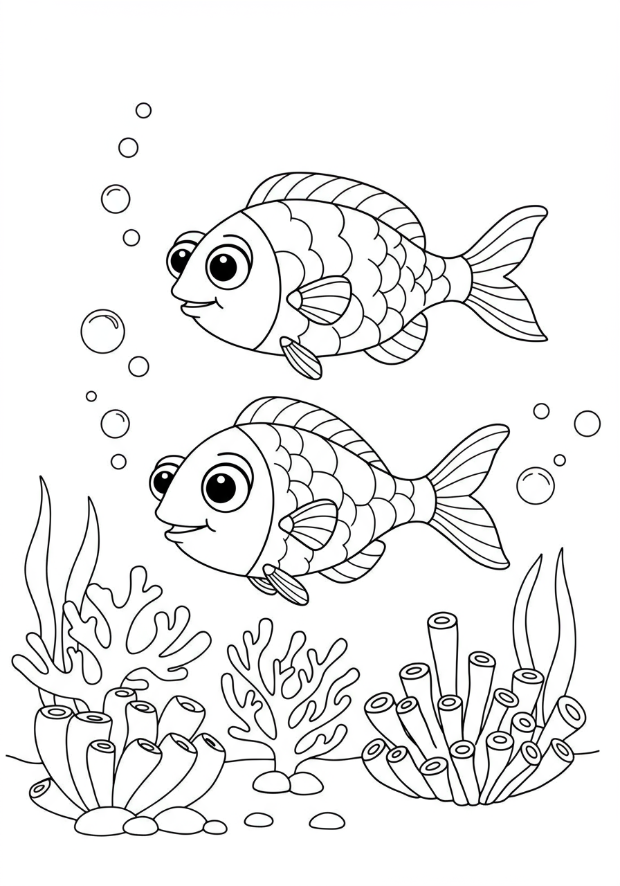 An easy free printable coloring page featuring a happy school of colorful cartoon fish swimming together under the sea, with bubbles and simple coral.