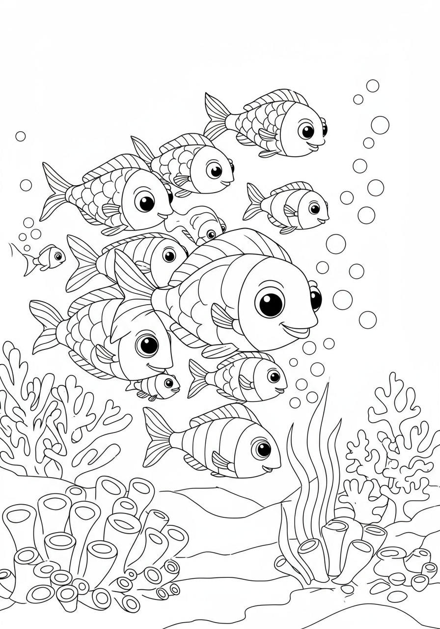 Free printable coloring page featuring a school of fish forming, designed for kids with simple lines, part of our under-the-sea collection.