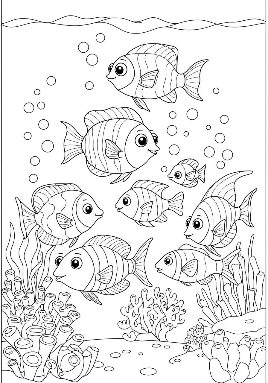 Illustration of a free printable coloring page featuring a school of various tropical fish swimming together in the ocean, ready for kids to color.