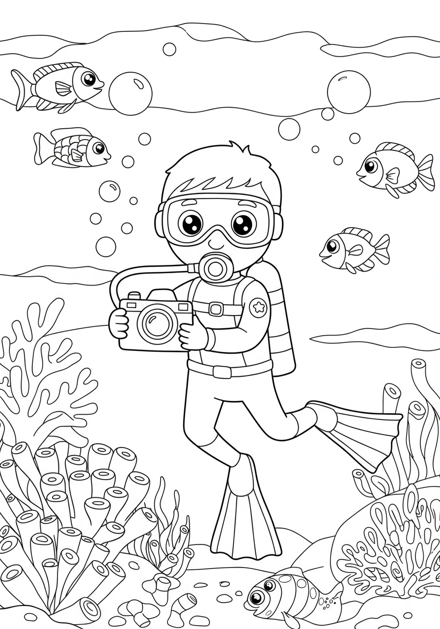 Free printable coloring page featuring a happy scuba diver holding an underwater camera, surrounded by various fish and coral, perfect for kids.