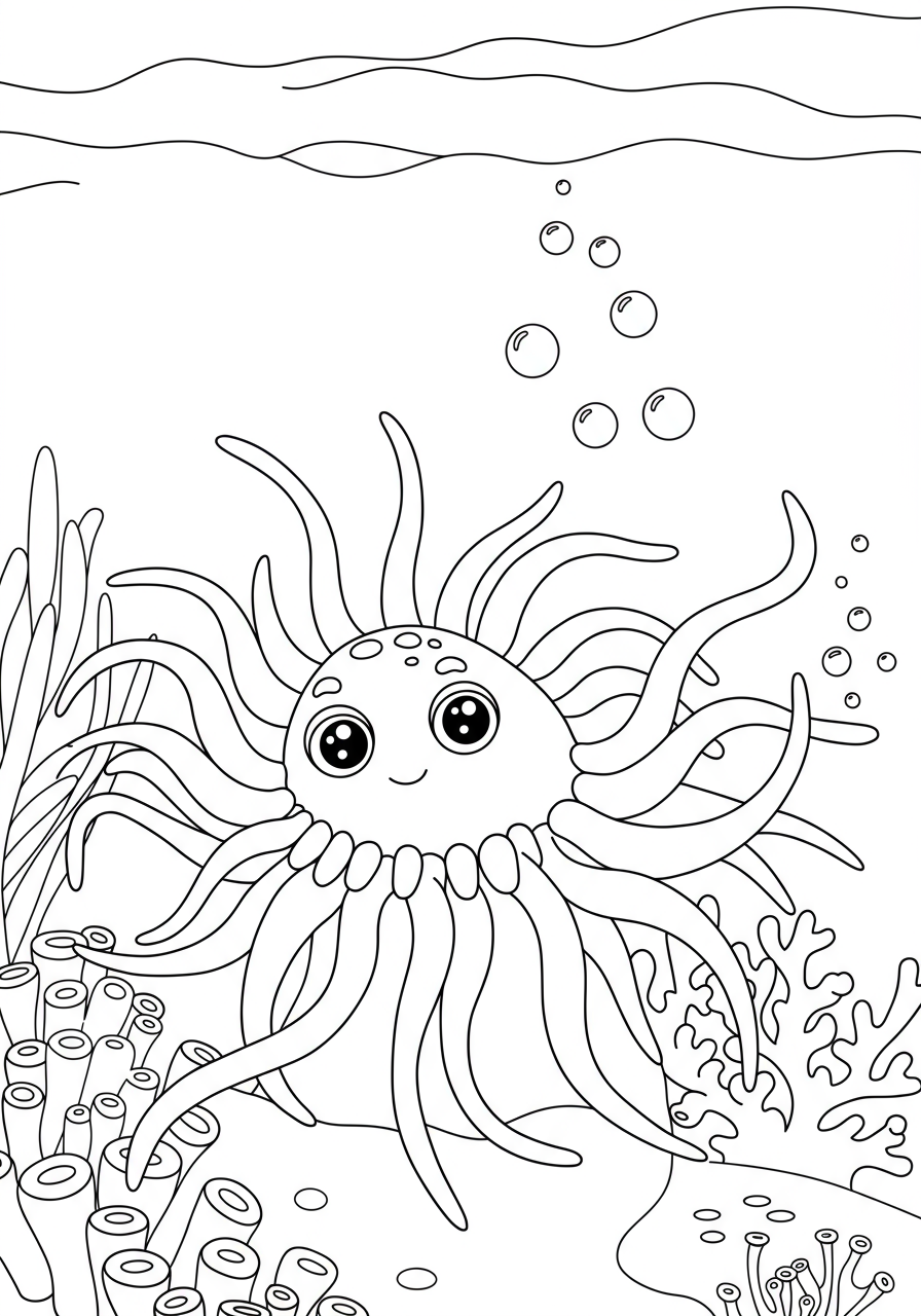 Free printable coloring page featuring a sea anemone with multiple tentacles gently swaying in the water, surrounded by light bubbles, perfect for kids.