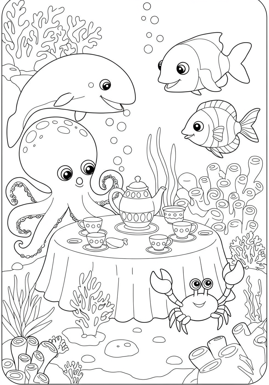 A free printable coloring page showing various friendly sea creatures like an octopus, fish, and crab, sitting around a table with teacups and a teapot, having a tea party under the sea. Perfect for kids to color.