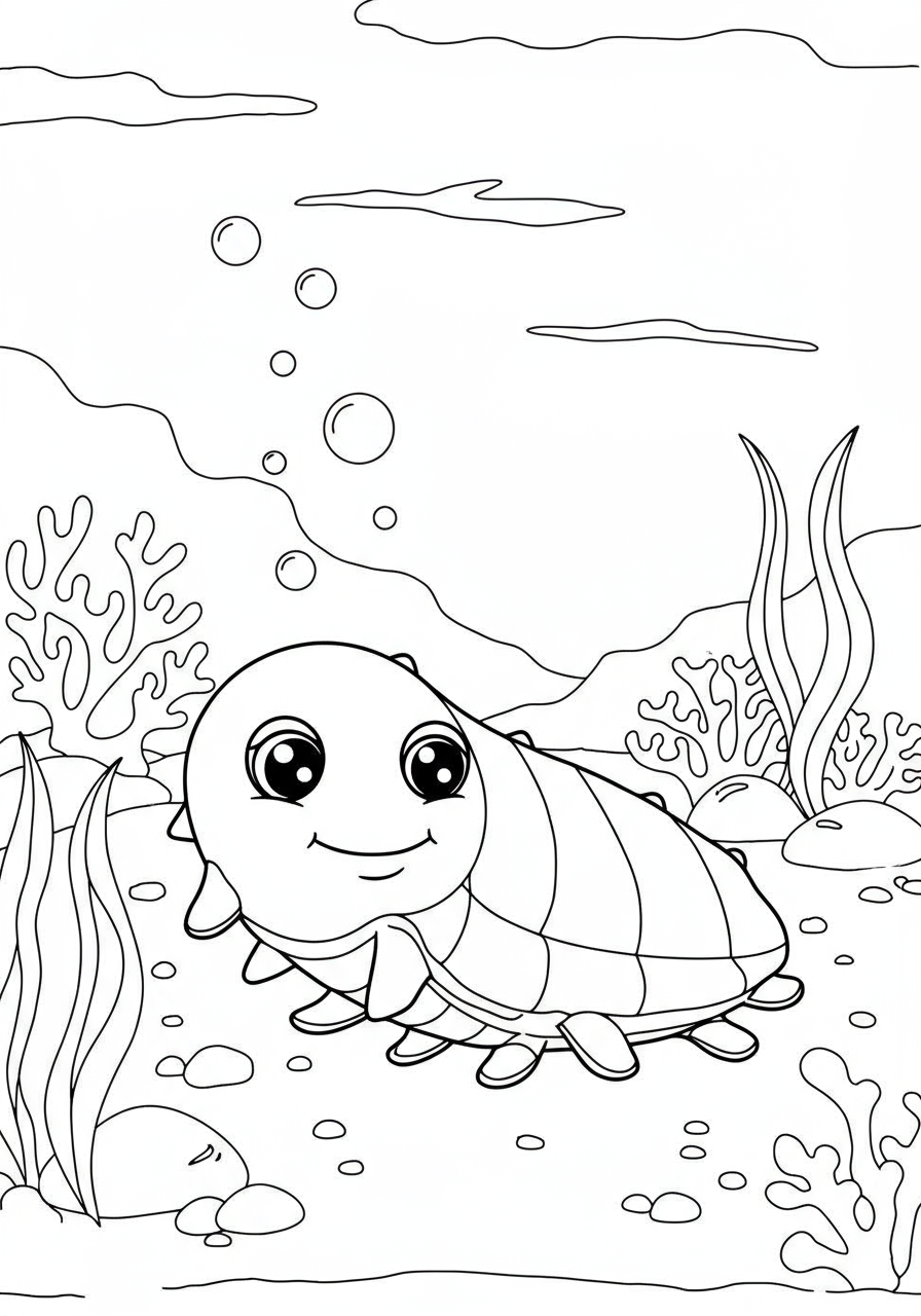 Free printable coloring page depicting a peaceful sea cucumber resting on the ocean floor, surrounded by gentle seaweed and small rocks, perfect for kids.