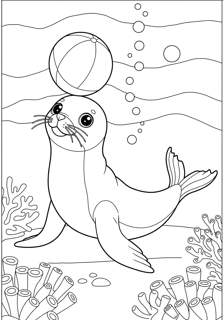 A friendly sea lion balancing a ball on its nose, a free printable coloring page for children.