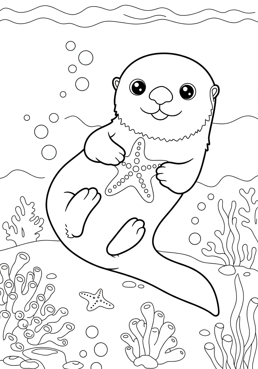 Free printable coloring page featuring a cute sea otter floating on its back, holding a starfish on its belly, set in a simple under-the-sea scene, perfect for kids to color.