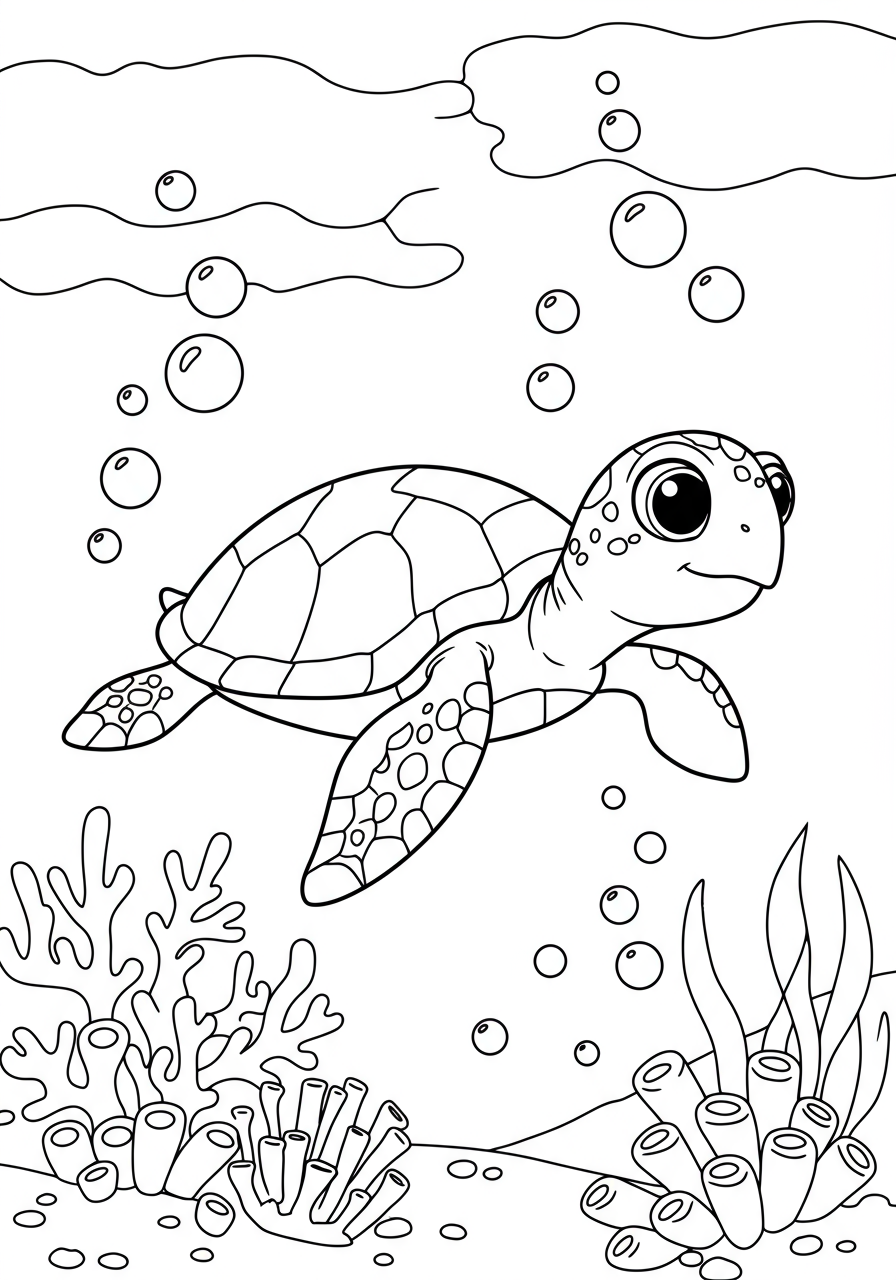 Sea Turtle Coral Reef coloring page for kids