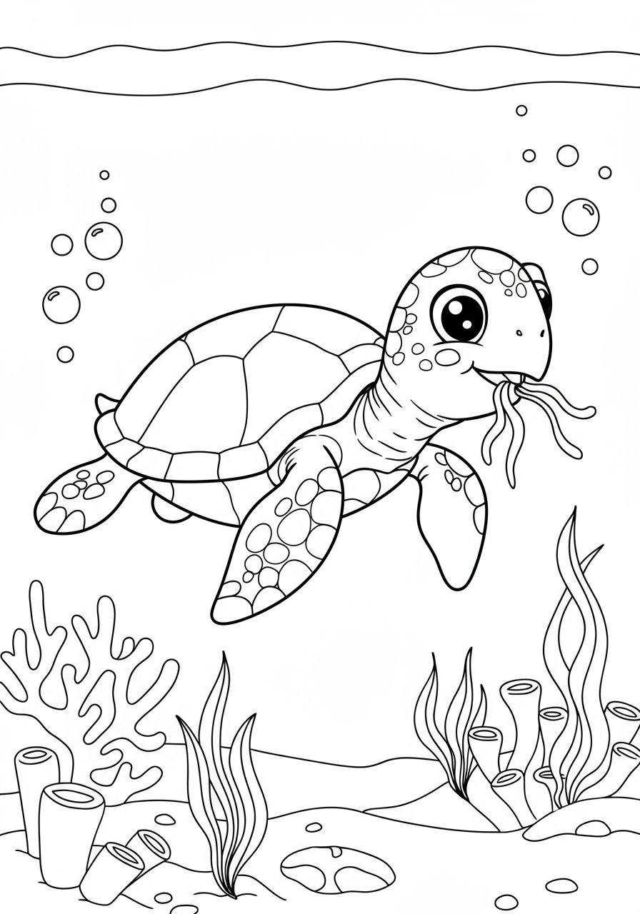 A free printable coloring page showing a friendly sea turtle happily munching on green seaweed underwater, surrounded by bubbles.