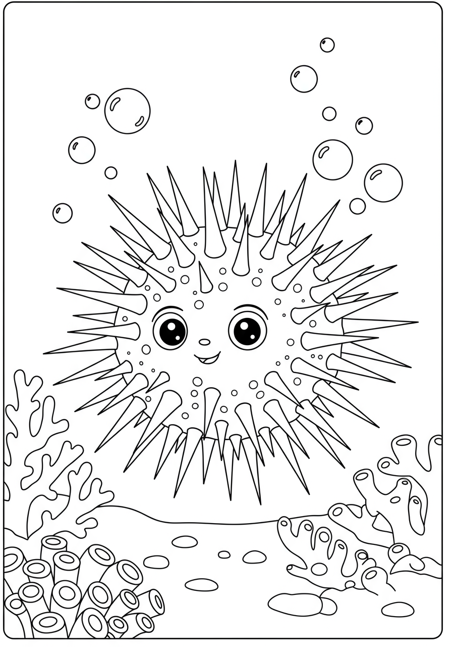 Free printable coloring page featuring a simple, easy-to-color sea urchin with a focus on its unique spiky texture, perfect for young artists.