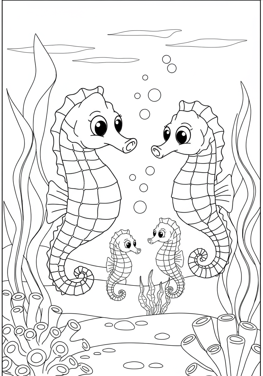 A free printable coloring page featuring a happy seahorse family (two adults and two babies) playing amongst tall, swaying green kelp, with bubbles and simple ocean floor details, perfect for young children.