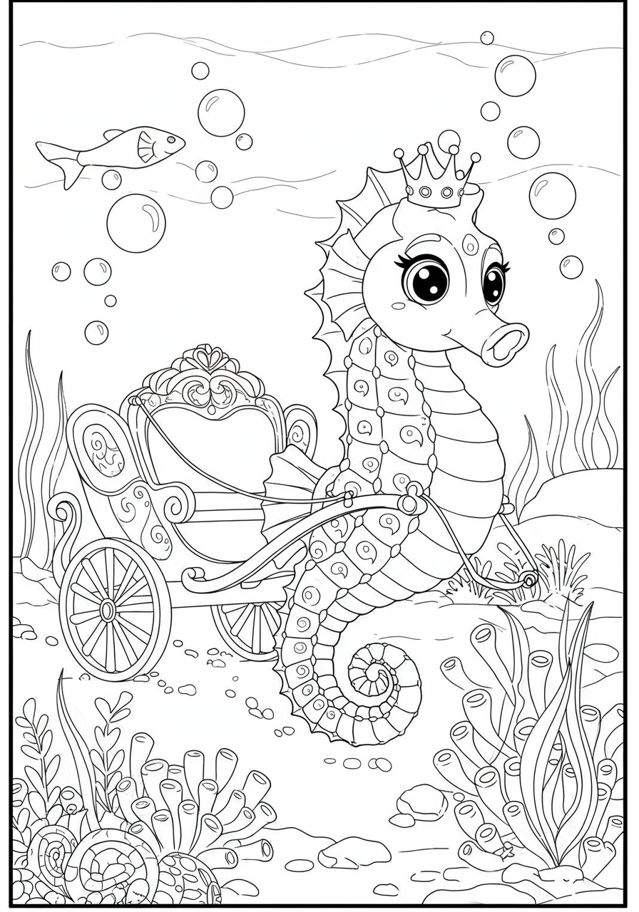 Free printable coloring page featuring a whimsical seahorse pulling a fancy royal carriage through an enchanting underwater scene with bubbles and seaweed.