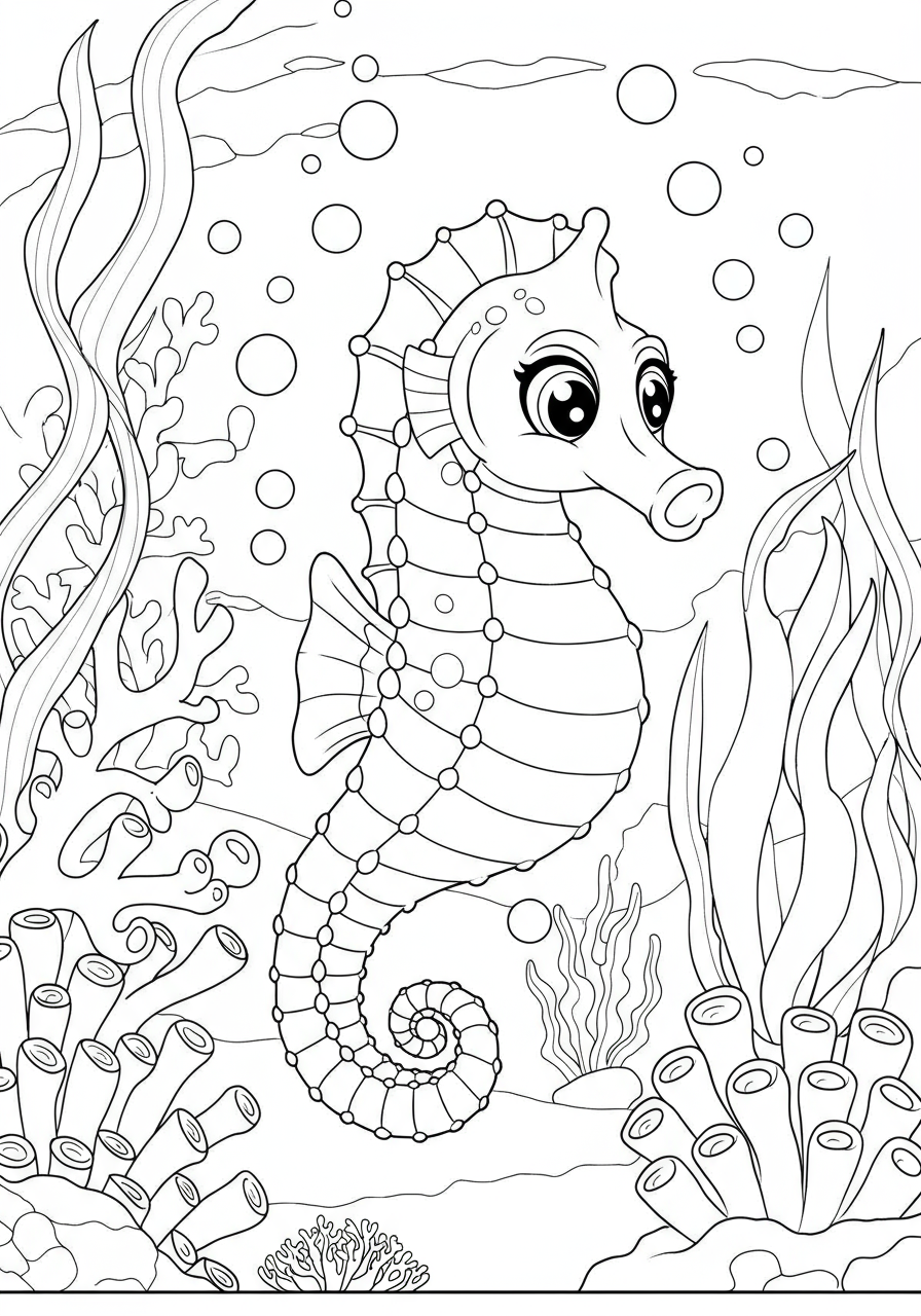 Free printable coloring page featuring a whimsical seahorse race through a vibrant kelp forest, perfect for young children to color.