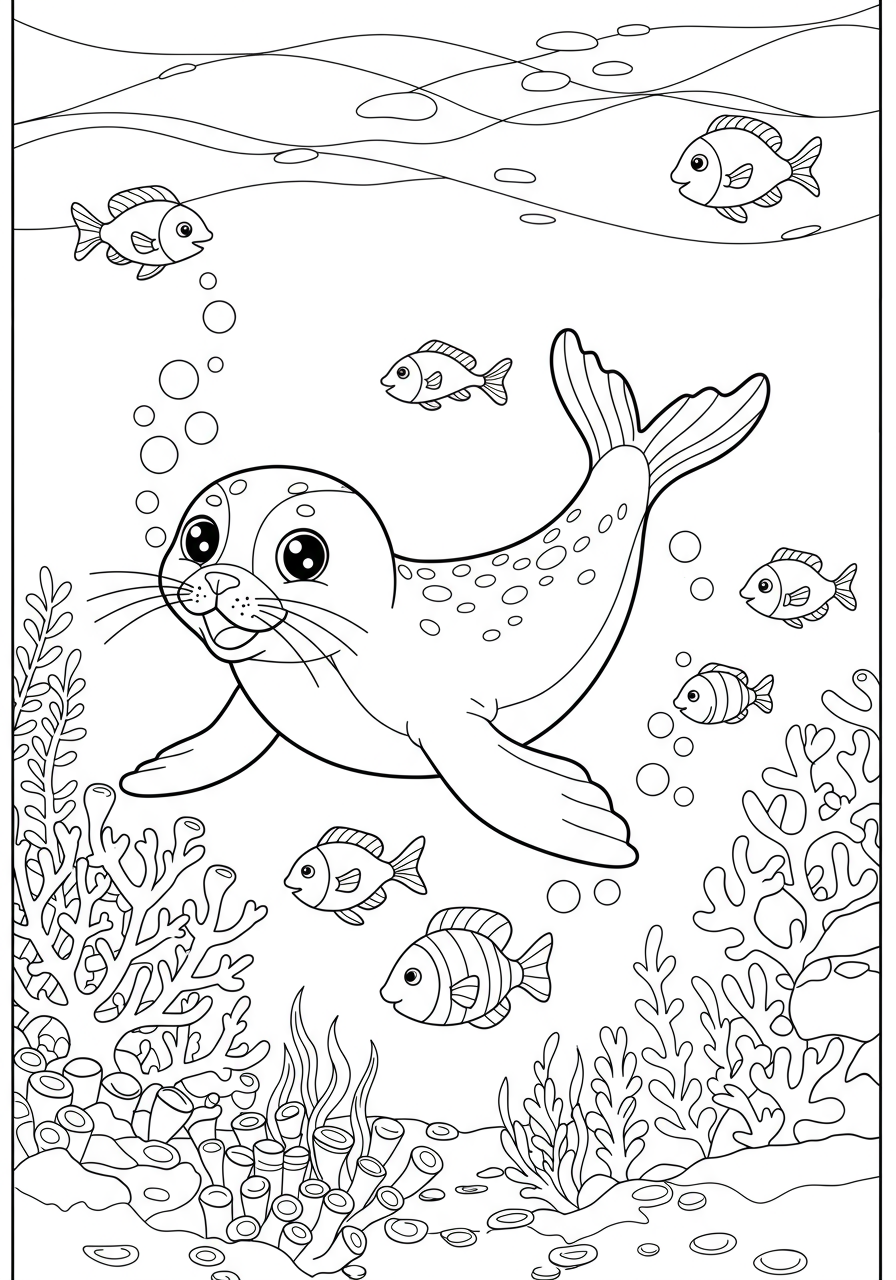 A free printable coloring page for kids depicting a happy seal playfully chasing several small fish underwater, with bubbles rising, ready for artistic expression.