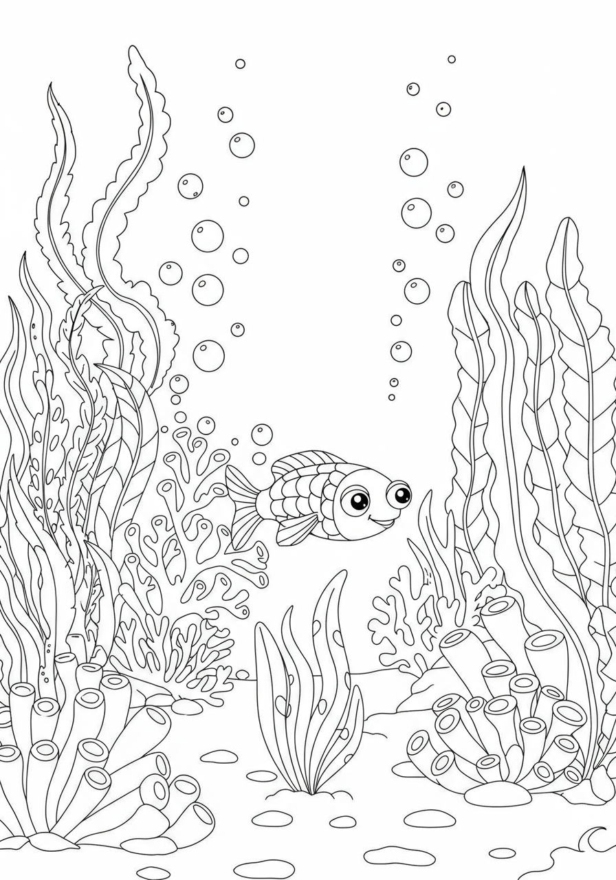 Free printable coloring page depicting a serene underwater seaweed forest gently swaying with flowing fronds and hints of bubbles, perfect for kids to color and explore ocean life.