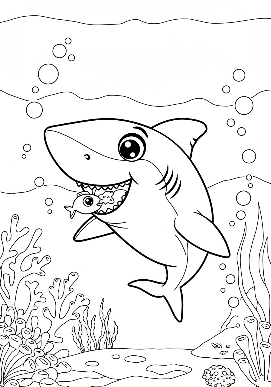 A friendly cartoon shark happily eating a small fish as a snack, surrounded by bubbles and coral, in a free printable under-the-sea coloring page for kids.